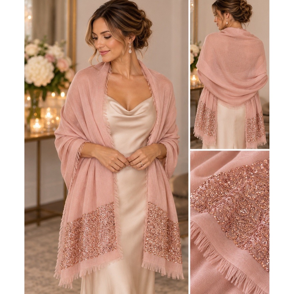 Vince Camuto Blush Pink Sequin Beaded Evening Wrap Shawl Fringe 20x72